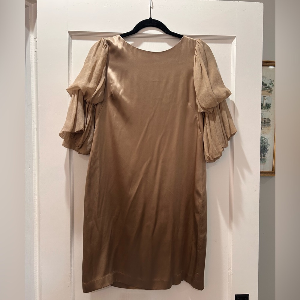 Elegant Tan Dress with Puff Sleeves